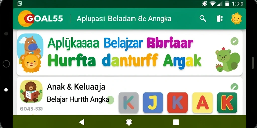 Tampilan antarmuka GOAL55 yang ceria dan interaktif untuk belajar huruf dan angka.