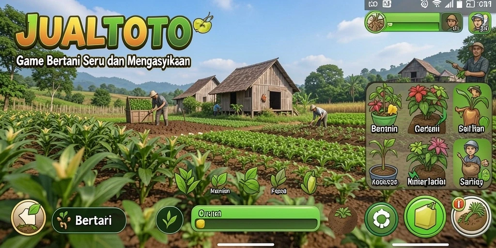 Antarmuka utama JUALTOTO menampilkan kebun yang rapi dan tanaman yang indah.